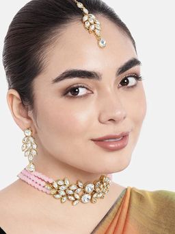 I Jewels - Gold Plated Traditional Stone Pearl Choker Necklace Set (ML285Pi)