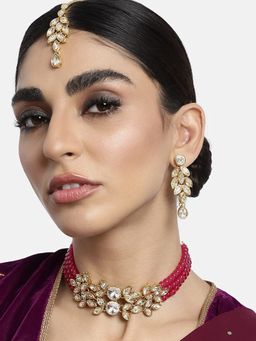 I Jewels - Gold Plated Traditional Kundan Stone Pearl Choker Necklace Set (ML285Pi)
