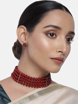 I Jewels - Gold Plated Traditional Maroon Pearl Stylish Moti Choker Necklace Jewellery Set (ML286M)