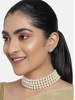 I Jewels - Gold Plated Traditional White Pearl Stylish Moti Choker Necklace Jewellery Set (ML286W)