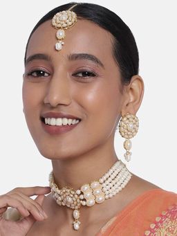 I Jewels - Gold Plated Traditional Pearl Choker Necklace Jewellery Set (ML280W)