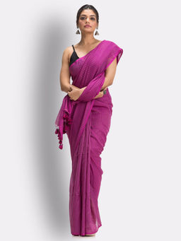 Angoshobha - Purple Stripes Molmol Cotton Saree with Unstitched Blouse