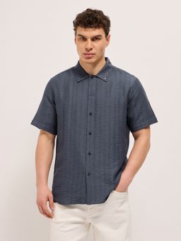 The Bear House - Men's Blue Relaxed Fit Textured Shirt