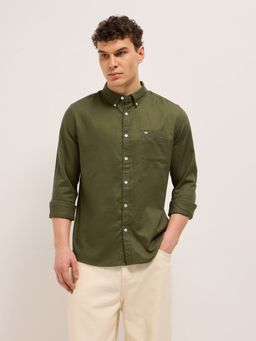 The Bear House - Men's Olive Slim Fit Solid Shirt