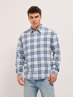 The Bear House - Men's Blue Relaxed Fit Checked Shirt