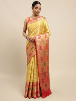 Mimosa - Womens Kanjivaram Art Silk Saree with Unstiched Blouse (5648-10373-TD-GD-RD)