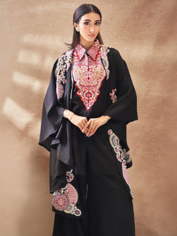 Libas Art - Black Art Embroidered Silk Blend Tunic And Palazzo With Shrug