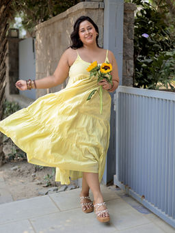 Libas - Light Yellow Solid Flared Back Smocked Midi Dress