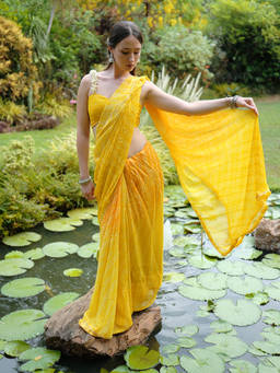 Libas - Yellow Printed Chiffon Saree with Unstitched Blouse