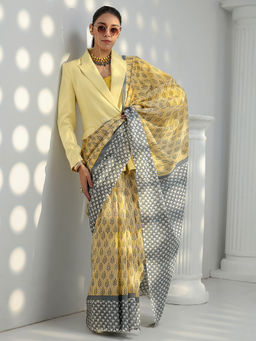 Libas - Yellow motif printed Saree with Unstitched Blouse