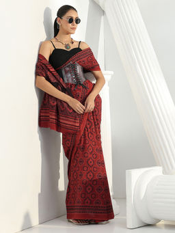 Libas - Red motif printed Saree with Unstitched Blouse