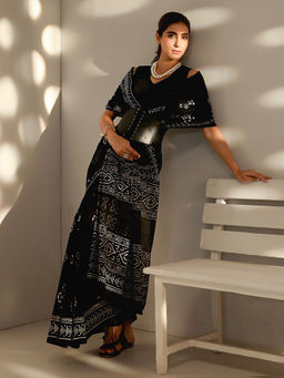 Libas - Black Floral Printed Saree with Unstitched Blouse
