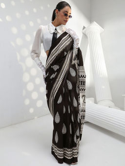 Libas - Black paisley printed Saree with Unstitched Blouse