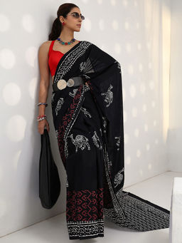 Libas - Black printed Saree with Unstitched Blouse