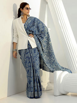 Libas - Blue printed Saree with Unstitched Blouse