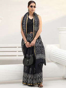 Libas - Black motif printed Saree with Unstitched Blouse