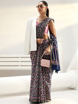 Libas - Navy blue printed Saree with Unstitched Blouse