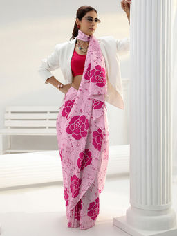 Libas - Pink Floral Printed Saree with Unstitched Blouse