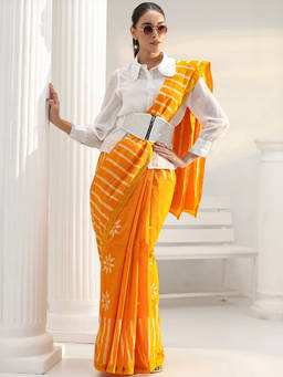 Libas - Mustard Floral Printed Saree with Unstitched Blouse