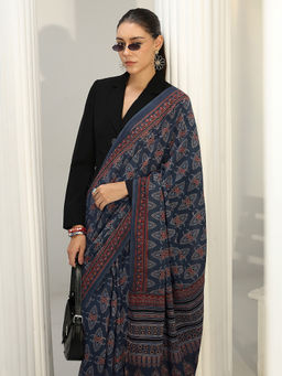 Libas - Blue motif printed Saree with Unstitched Blouse