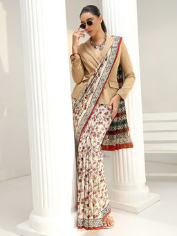 Libas - Beige Floral Printed Saree with Unstitched Blouse