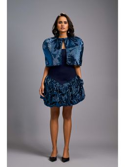 Deepika Arora - Women's Navy Blue Sequined Half Sleeves Dress with Cape