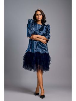 Deepika Arora - Women's Navy Blue Sequined Puff Sleeves Dress