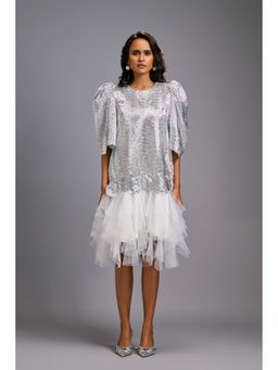 Deepika Arora - Women's Silver Sequined Puff Sleeves Dress