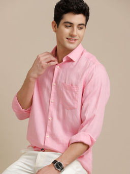 Linen Club Men's Pure Linen Pink Solid Regular Fit Full Sleeve Casual Shirt