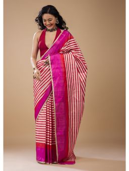 KALKI FASHION - Hibiscus Multi-Color Stripes Printed Satin Saree with Unstitched Blouse
