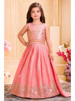 Lagorii - Girls Peach Silk Blend Choli with Lehenga and Dupatta