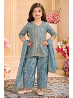 Lagorii - Girls Blue Silk Blend Top with Palazzo and Dupatta