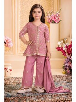 Lagorii - Girls Mauve Silk Blend Top with Palazzo and Dupatta