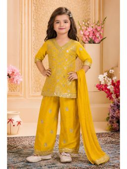 Lagorii - Girls Yellow Silk Blend Top with Palazzo and Dupatta