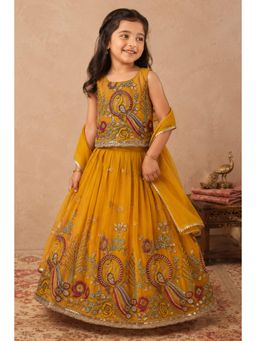 Lagorii - Girls Yellow Silk Blend Choli with Lehenga and Dupatta
