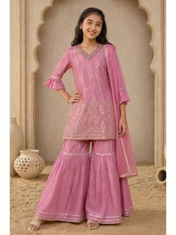 Lagorii - Girls Pink Silk Blend Kurti with Sharara Pant and Dupatta