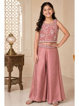 Lagorii - Girls Pink Silk Blend Crop Top with Palazzo and Dupatta