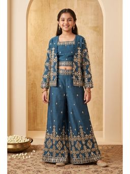Lagorii - Girls Teal Silk Blend Crop Top with Palazzo and Jacket