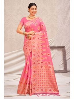 EXCLUSIVA - Pink Cotton Silk Saree with Unstitched