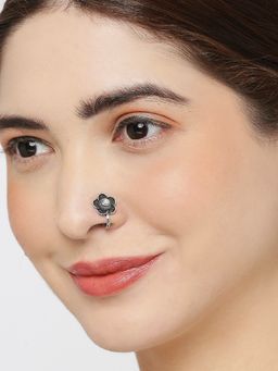 OOMPH - Oxidised Silver White Pearl Floral Traditional Nose Ring - Nose Pin