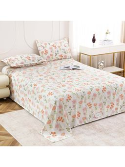 Story@Home - White Floral Microfiber Bedsheet with Pillow Covers (Double)
