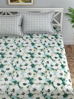 Florida - Aqua Floral Cotton-Satin Bedsheet with Pillow Covers