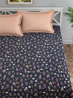 Florida - Black Floral Cotton-Satin Bedsheet with Pillow Covers