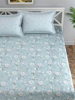 Florida - Blue Floral Cotton-Satin Bedsheet with Pillow Covers
