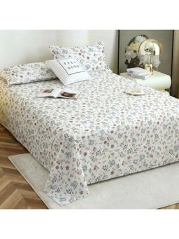 Story@Home - Off White Floral Cotton Bedsheet with Pillow Covers (Double)