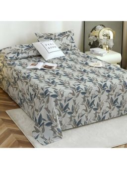 Story@Home - Grey Leaf Cotton Bedsheet with Pillow Covers (Double)