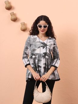 Yufta - Black and White Cotton Gathered Angrakha Top
