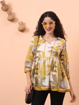 Yufta - Mustard and White Cotton Gathered Angrakha Top