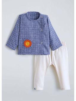 Hopscotch - Checkered Floral Applique T-Shirt with Pant - Blue