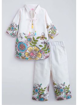 Hopscotch - Cotton Floral Ethnic Kurta with Pyjama - White